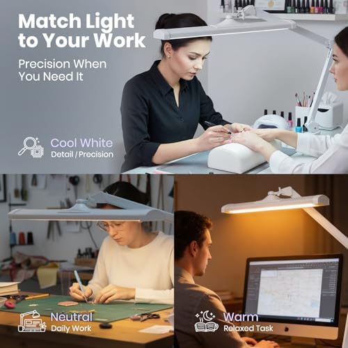 Neatfi 3,500 Lumens LED Desk Lamp – 45W Dimmable Task Light | Adjustable Color Temperature | 3 Light Modes | 540 SMD LEDs | Reading, Craft, Workbench & Office (White-2, 26-Inch Wide Shade) - Image 3