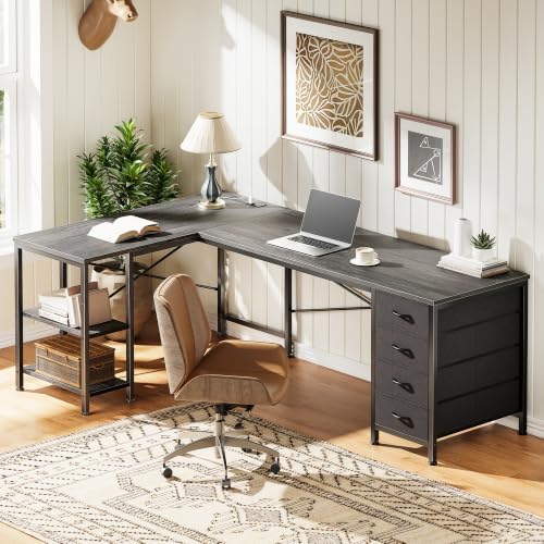 Huuger 55 Inch L Shaped Desk with Fabric Drawers, Reversible Computer Gaming Desk with Power Outlets and USB-C Port, Adjustable Side Storage Shelves, for Work Study Corner Home Office, Grey,1CD078H - Image 7
