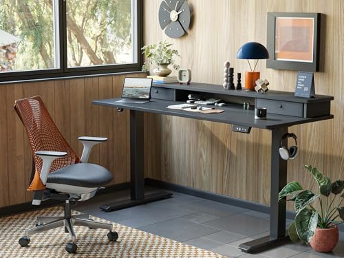 TIQLAB Standing Desk with Two Drawers, Stand Up Standing Desk Adjustable Height, Electric Sit Stand Table with Storage Shelf and Splice Board, 63 * 24 inch, Black - Image 2