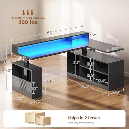 SEDETA L Shaped Gaming Standing Desk, 63 inch Height Adjustable Office Executive Desk with Storage Shelves and Monitor Stand, Computer Gaming Desk with Power Outlet, LED Lights for Home Office, Black - Image 2