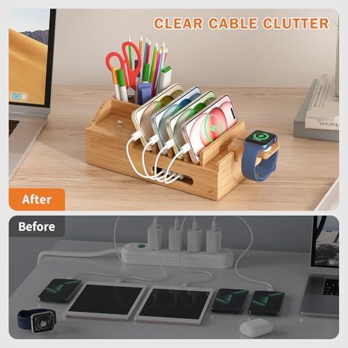 Bamboo Charging Station for Multiple Devices with USB Charger, 5 Cables - Image 6