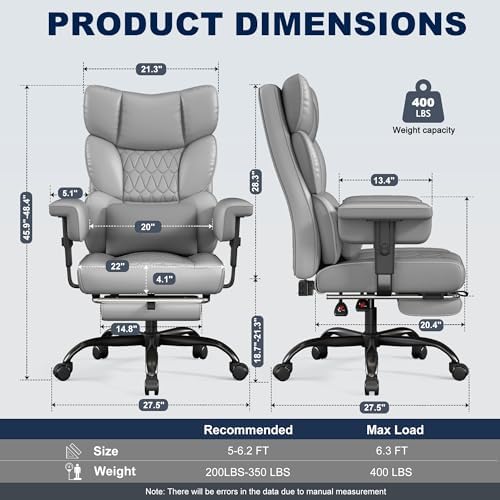 Misolant Big and Tall Office Chair with Footrest, High Back Executive Desk Chair with Adjustable Lift Armrest, 155°Recline，Lumbar Support Pillow, Faux Leather Gaming Chairs for Home or Office Gray - Image 2