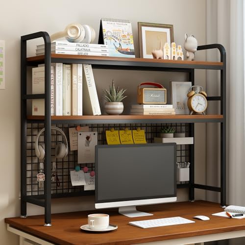 IOTXY 2-Tier Desktop Hutch Bookshelf, Metal Desk Shelf, Black, 45.3" W by IOTXY