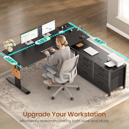 SEDETA L Shaped Electric Standing Desk with 6 Fabric Drawers, 55" x 55" Height Adjustable Office Executive Desk with Storage Shelves, Stand up Computer Desk with Power Outlet (Black) - Image 6
