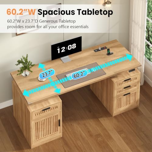 60" Fluted Electric Standing Desk with Drawers for Home Office, Oak - Image 7