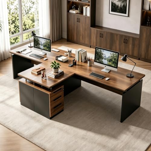 63 Inch L-Shaped Executive Desk Set of 2, Industrial Modern Wood Office Desk with 3 Drawers, Built-in Cable Management & Power Outlet, Real Wood Finish, Reversible Left/Right Return Home Workstation by SAINTCY