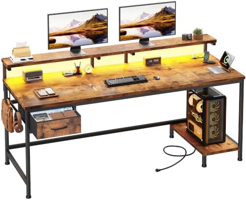 DurayLoly 55" Office Desk with Power Outlet & Fabric Drawer,Rustic Brown by Durayloly
