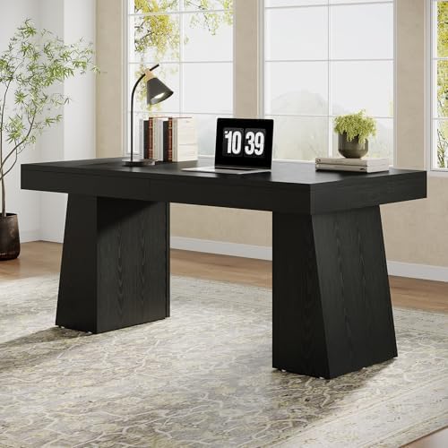 Tribesigns 55" Executive Desk, Wooden Office Desk with Double Pedestal, Modern Simple Computer Writing Table for Home Office, Black by Tribesigns