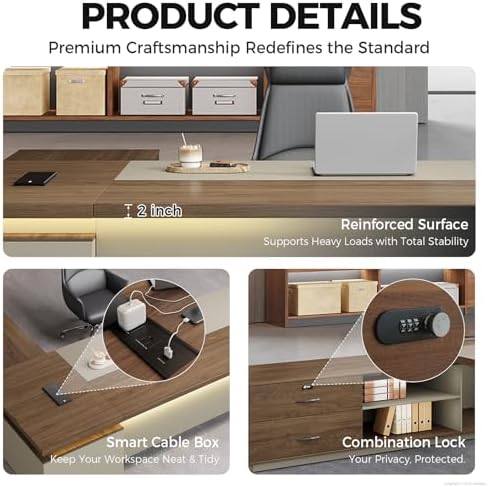 Compact Reversible L Shaped Executive Desk for Manager, Home Office Desk with Power Outlet & USB Ports, LED Ambient Lighting, Storage Cabinet (Black Walnut+Khaki, 95" L*71" W*30" H) - Image 4