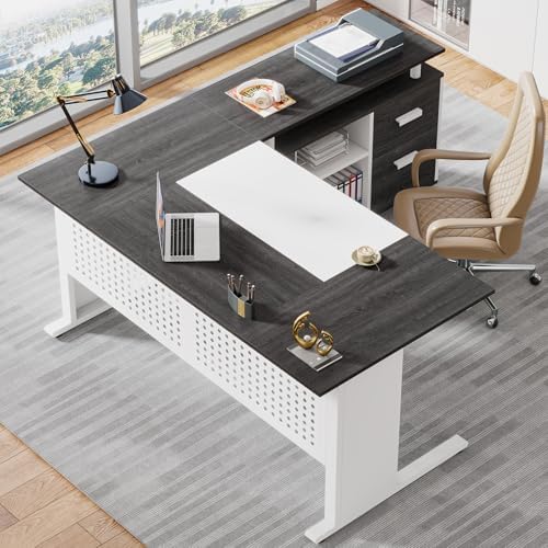 Tribesigns 63 Inch Executive Desk with File Cabinet, L Shaped Office Desk with Drawers and Storage Shelves, Business Furniture Set Workstation for Home Office, Gray and White - Image 5
