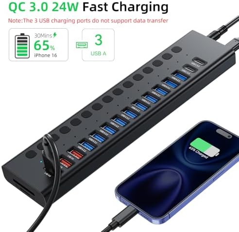 VANGREE Powered USB Hub 10Gbps, 17 Ports USB 3.2 Hub, 96W Power Adapter - Image 4
