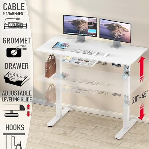 SHW 55 x 28 Electric Height Adjustable Standing Desk w/Drawer, White - Image 4