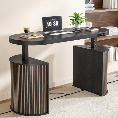 Mid Century Modern Electric Standing Desk with Storage, 55 x 22 Inch Small Sit Stand Up Desk, Wood Adjustable Height Computer Executive Desk for Home Office, Laptop, Black - Image 3