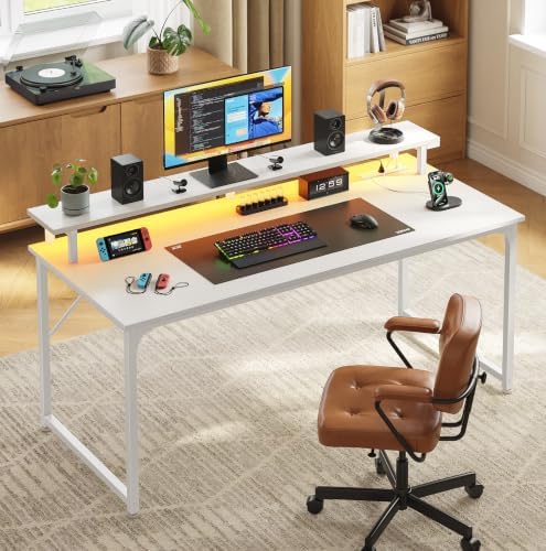 PRAISUN 48 inch Gaming Desk, LED & Power Outlets, Monitor Stand, White - Image 2