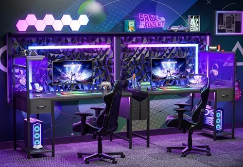 TIQLAB Gaming Desk 47 inch with Power Outlet and LED Light, Computer Desk with Reversible Shelves and Storage Drawer, Small PC Desk for Home Office Table with Bag, Carbon Fiber Black - Image 2
