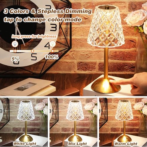 Liliful 4 Pcs Cordless Table Lamp LED Touch, Gold, Diamond Style - Image 4