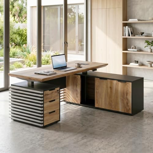 SAINTCY L Shaped Executive Standing Desk with Drawers, 78.74In Large Adjustable Heigh Office Desk with Power Outlet Hub,2.56" Thick Floating Desktop,for Home Office, Studio - Image 3
