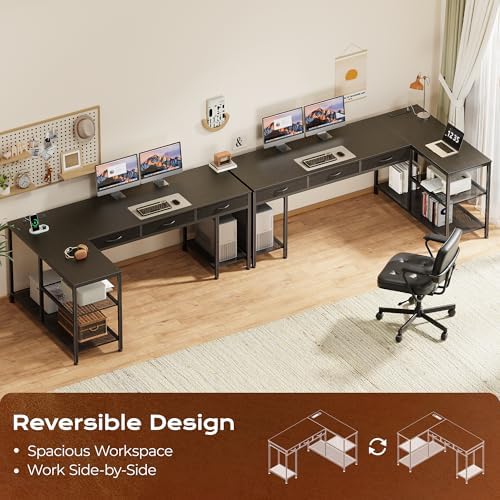 PRAISUN 63 Inch L Shaped Office Desk with Power Outlets and Type-C Port, Large Computer Gaming Desk with 3 Fabric Drawers, Mesh Shelves, Corner Study Work Writing Desk, Black - Image 4
