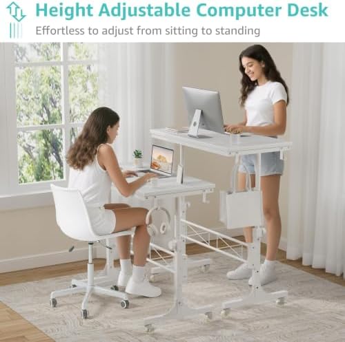 WINAZ Rolling Standing Desk with Wheels, 32" Adjustable Height Small Portable Teacher Desk for Classroom, Mobile Treadmill Walking Pad Table for Laptop, Compact White Home Office Workstation - Image 5