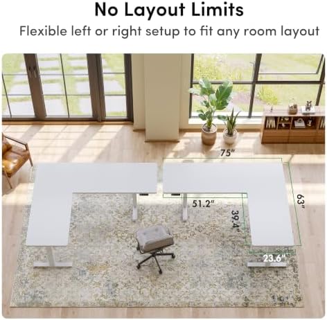 FEZIBO 75" x 63" L-Shaped Standing Desk - Adjustable Corner Desk L Shape, L-Shaped Adjustable Desk with Splice Board, L Shape Standing Desk, White - Image 3