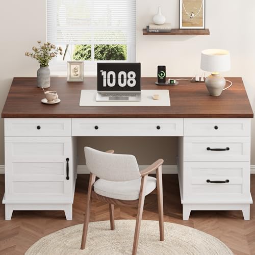 60" Executive Desk with Power Outlet, Home Office Desk with Drawers, Wooden Work Desk with File Cabinet, Computer Desk for Work, Study, Writing, White and Brown - Image 3