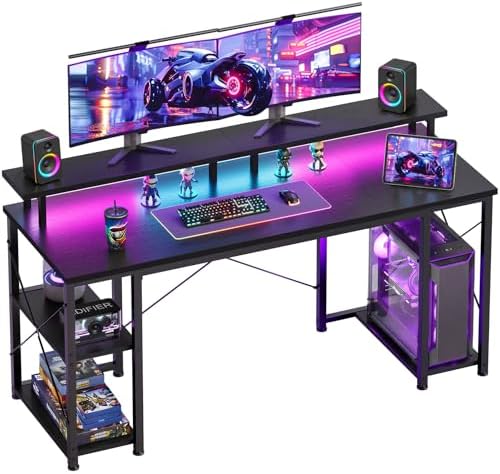 ODK 55 Inch Gaming Desk with LED Lights & Storage Shelves, Black by ODK