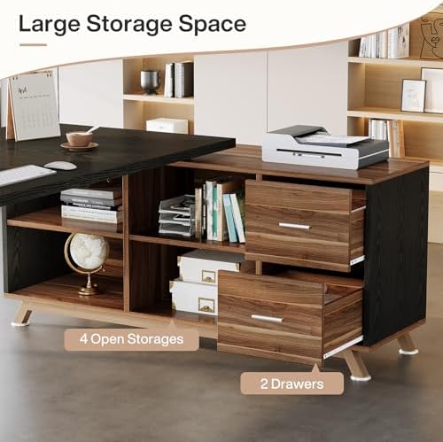 Tribesigns 78.7" L-Shaped Executive Desk, Modern Office Desk with File Drawers & Storage Shelves, Large Computer Desk with 55-Inch Cabinet, Business Workstation for Home Office, Black & Walnut - Image 5