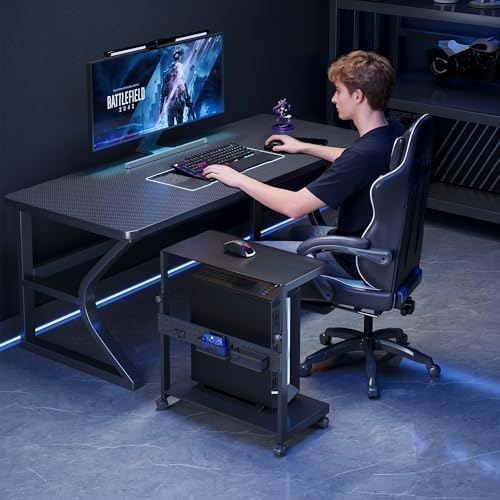 EUREKA ERGONOMIC PC Stand Computer Cart Frosted Glass, Height Adjustable Tower Stand 2-Tier Suit for ATX Case Printer, Metal Rolling Cart on Wheels for Gaming Home Office, Black - Image 3