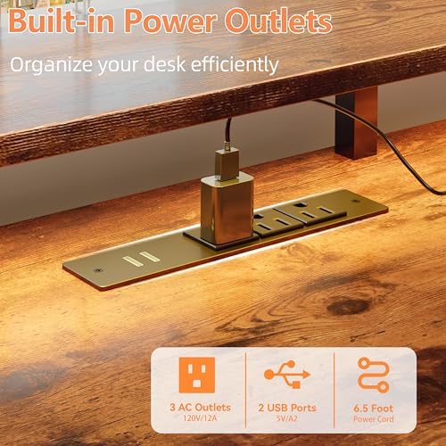 Furologee 51" Computer Desk with Outlets & LED, Desk with Drawers, Brown - Image 4