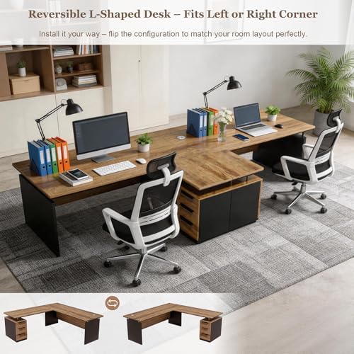 63 Inch L-Shaped Executive Desk Set of 2, Industrial Modern Wood Office Desk with 3 Drawers, Built-in Cable Management & Power Outlet, Real Wood Finish, Reversible Left/Right Return Home Workstation - Image 3