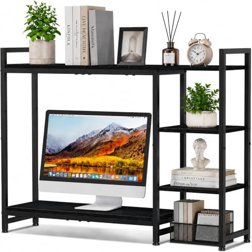 Snughome Adjustable Desk Shelf with Monitor Stand, 38.6" Desktop Organizer Hutch, Height Adjustable Computer Monitor Riser & 4 Tier Storage Bookshelf for Home Office Dorm, Black by Snughome