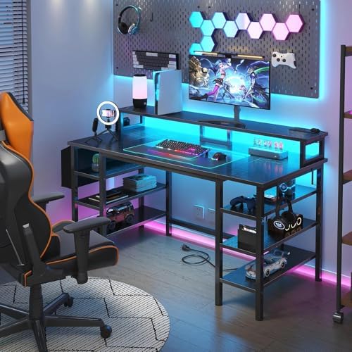 Lufeiya Gaming Desk with LED Lights and Storage Shelves, 47 inch Computer Desk with Power Outlets, Home Office Desk with Monitor Stand, Writing Table PC Desks, Black - Image 2