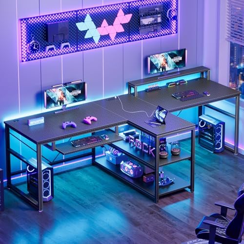 SEDETA 94.5" 2 Person Gaming Desk with Storage Shelves,Carbon Fiber Black by SEDETA