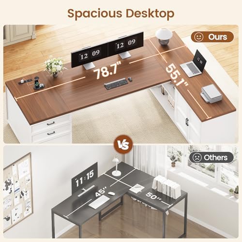 SEDETA 78.7" L Shaped Executive Desk with Charging Station, Large Home Office Computer Desk with File Drawers & Adjustable Storage Cabinet, CPU Stand, Modern L Desk for Business, White + Brown - Image 3