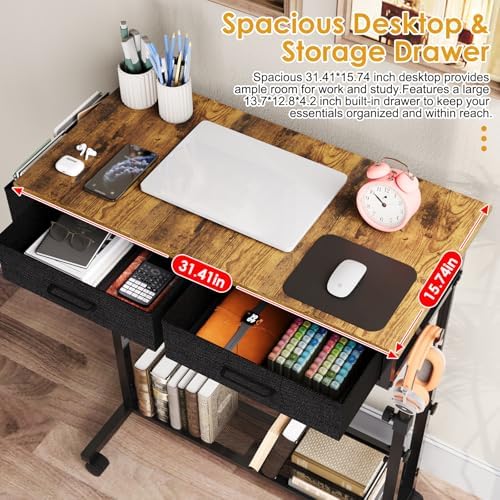 Small Rolling Standing Desk, Height Adjustable Mobile Sturdy Desk with 2 Fabric Drawers & Storage Shelf, Portable Sofa Side Laptop Table for Home Office, Small Spaces, 31.41"" x 15.74"", Rustic Brown - Image 6