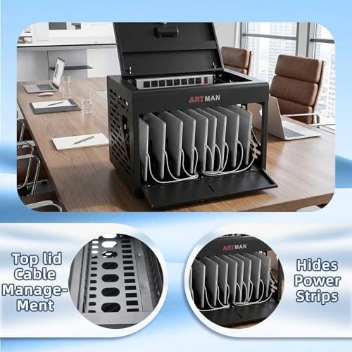 Lockable Charging Station for Laptop & Chromebook Classroom, 16-Port Desktop/Wall Mount Cart with Top Lid Cable Management, Surge Protected for School Office, Fits 14" Devices Black - Image 5