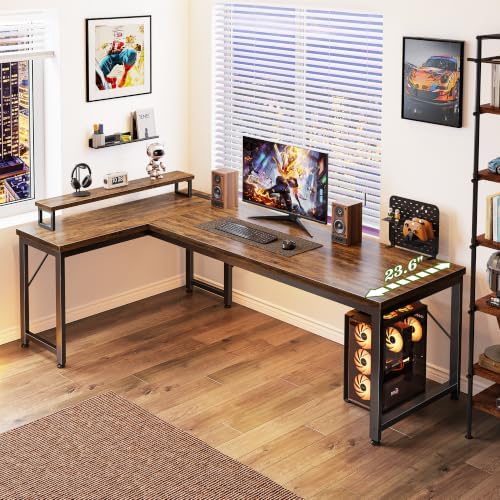 PRAISUN 61" L Shaped Computer Desk, Outlets, Monitor Stand, Rustic Brown - Image 7