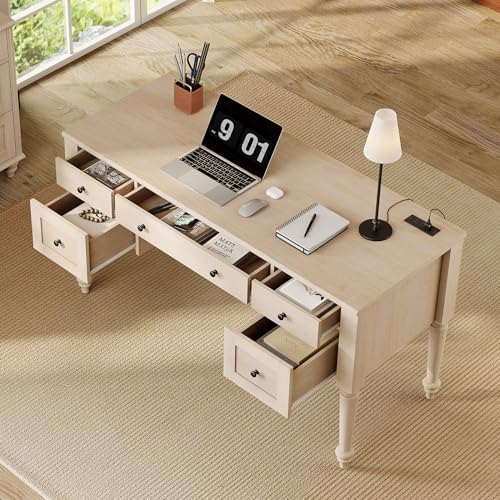 WAMPAT Wood Executive Desk with 5 Drawers & Charging Station, Beige, 56" - Image 5