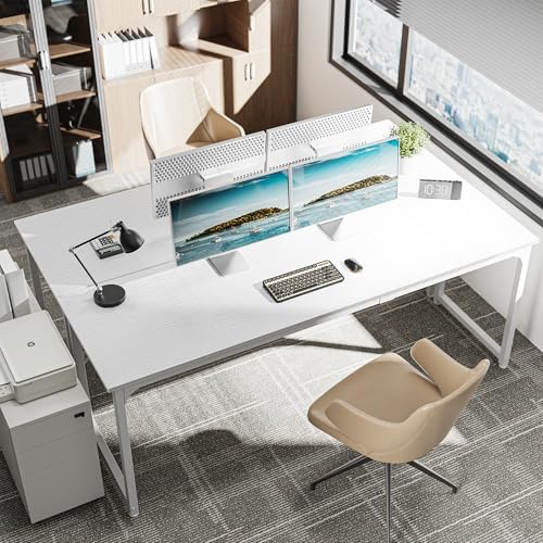 Huuger Computer Desk, 80 Inch Office Desk, Gaming Desk with Storage, Writing Desk Work Desk for Home Office, Study, Long Simple Desk, Large Legroom, Metal Frame, White - Image 2
