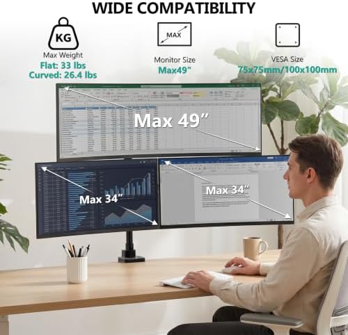 WALI Stacked Triple Monitor Mount for 49" UItrawides and Dual 34" Monitors - Image 2