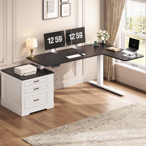 SEDETA Farmhouse L Shaped Electric Standing Desk, 70.9" x 39.4" Height Adjustable Office Executive Desk with 3 Drawers, Standing Computer Desks with Power Outlet for Home Office, White by SEDETA