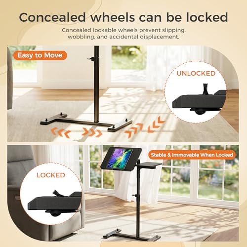 Aothia Small Standing Desk Rolling Table Adjustable Height, Laptop Mobile Stand with Wheels, Overbed Table, Portable Computer Workstation with Tiltable Desktop for Teacher Classroom Home Office, Black - Image 6