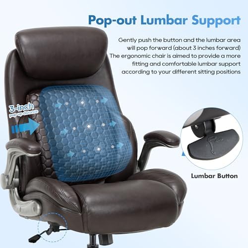 COLAMY Office Ergonomic Desk High Back Executive Chair with Pop-Out Lumbar Support, Upgraded Casters, Adjustable Headrest, Flip-Up Arms, Leather Home with Thick Cushion for Comfort - Brown - Image 5