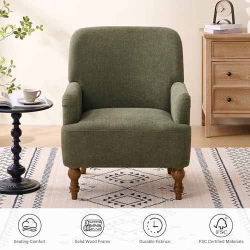 Modern Wingback Accent Chair, Upholstered Fabric Living Room Armchair with Wood Legs, Single Sofa Lounge Chair for Bedroom, Office & Reading Room (1, Green) - Image 5