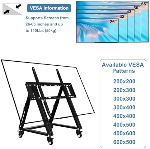 Low Height Mobile TV Stand, Low TV Stand with Wheel for 26-65 inch TV, Hight Adjustable, 36° -68° Adjustable Viewing Angle,Max 50KG, Vesa 600×500, Confidence Monitor Stand - Image 2