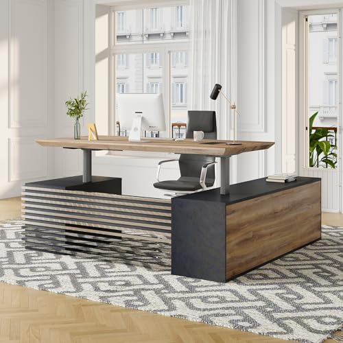 Electric Height Adjustable Executive Desk, Luxury L-Shaped Office Desk with Storage Cabinet & Charging Station, Solid Thickened Desktop, 78" Modern CEO Workstation for Home Office & Corporate Office - Image 3