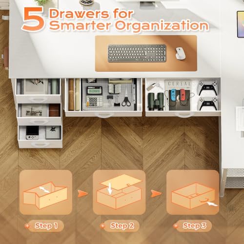 PRAISUN 55 Inch L Shaped Desk with Power Outlets, 5 Fabric Drawers - Image 5