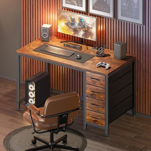 PRAISUN 39.4 Inch Computer Office Desk with Power Outelts and USB-C Port, Reversible Gaming Desk with 4 Fabric Drawers, Work Study Desk Work from Home, Rustic Brown - Image 7