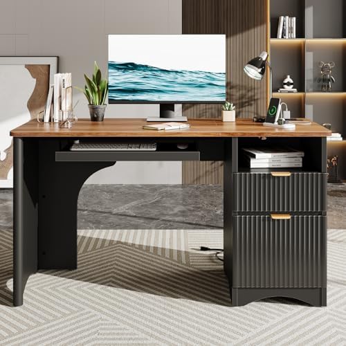 Bestier Computer Desk with Keyboard Tray, 55 inch Office Desk with Power Outlet, Modern Home Office Desk with File Drawer (Walnut with Black, 55" W with Single-Sided Drawers) by Bestier