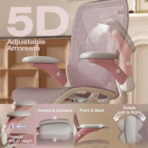 ELABEST X100 Ergonomic Mesh Office Chair with Footrest, Big and Tall Home Desk Chair with 5D Flip-Up Arms, Adjustable 3D Lumbar Support, Gaming & Executive Computer Chair (Peach Blossom) - Image 5